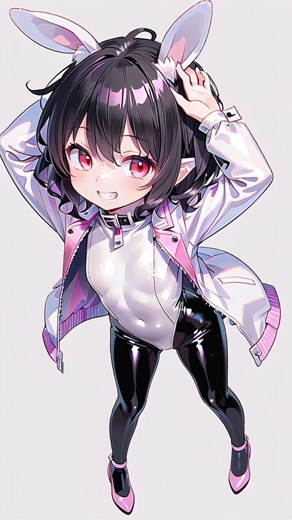 (((one girl))),(((inaba tewi))),((touhou),(((red eyes))),(rabbit girl),(((black hair,short hair,wavy hair))),(((white rabbit ears,white floppy ears))),(((Black leather jacket))),(((pink full bodysuit))),((latex)), (shiny clothes:1.2),(((grin))),(((full body))),(((arm behind head))),(((model posing))),((((simple white background))),(((Angle from above)))