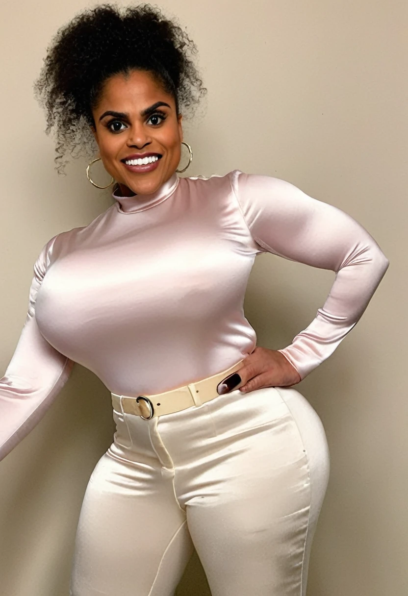(bodybuilder zazie beetz showing closed teeth with flared nostrils and furrowed brows:1.5) in a (closed satin skintight buttondown band collar blouse:1.6), tight hairbun, silk gloves, (widened eyes), (muscular arms), subtle evil stare with flared nostrils, large shoulder-pads, (evil laugh), skintight satin pants defining her body, uptight, popped collar, stiff posture

