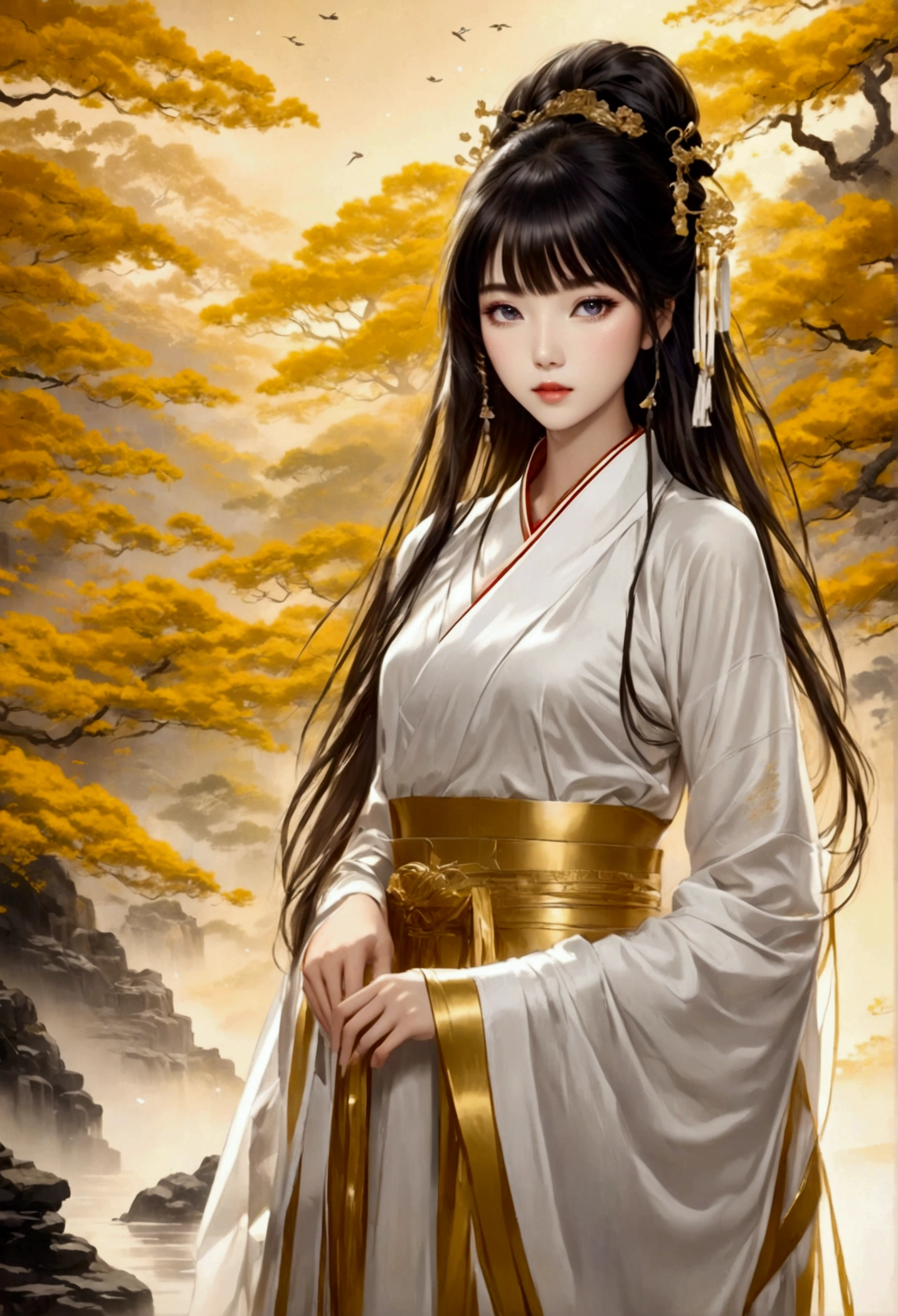 8K, masterpiece, ultra-high definition, full-body image, high contrast, oriental beauty, straight hair with bangs, beautiful eyes with double eyelids, thick lips, Japanese-Western style costume, golden decoration, flashy effects, forest background, Chinese ink painting style, black and white image with gold accents, rough touch