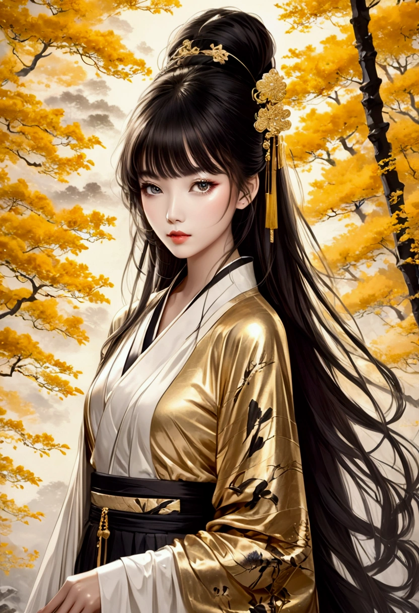 8K, masterpiece, ultra-high definition, full-body image, high contrast, oriental beauty, straight hair with bangs, beautiful eyes with double eyelids, thick lips, Japanese-Western style costume, golden decoration, flashy effects, forest background, Chinese ink painting style, black and white image with gold accents, rough touch