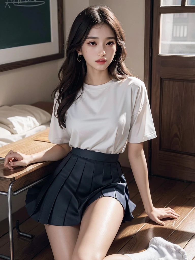 absurdres, RAW photo, extremely delicate and beautiful, masterpiece, Best Quality, ultra high resolution, 32k, hyperrealistic, ultra-detailed, perfect anatomy, super Detailed skin, perfect figure, Super Beauty, Perfect Style, Perfect balance, Beautiful Lighting, Perfect Lightning, Realistic Shadows, 20 years old, very Slim body, narrow waist, very small head, very small face, delicate facial features, handsome detailed woman, very detailed eyes and face, realistic face proportions, Realistic beautiful face, Realistic beautiful eyes, tearful mole, earring, very huge round breasts, legs, medium hair, whole body shot, indoor, school_uniform, shirt, pleated skirt, socks, loafers,