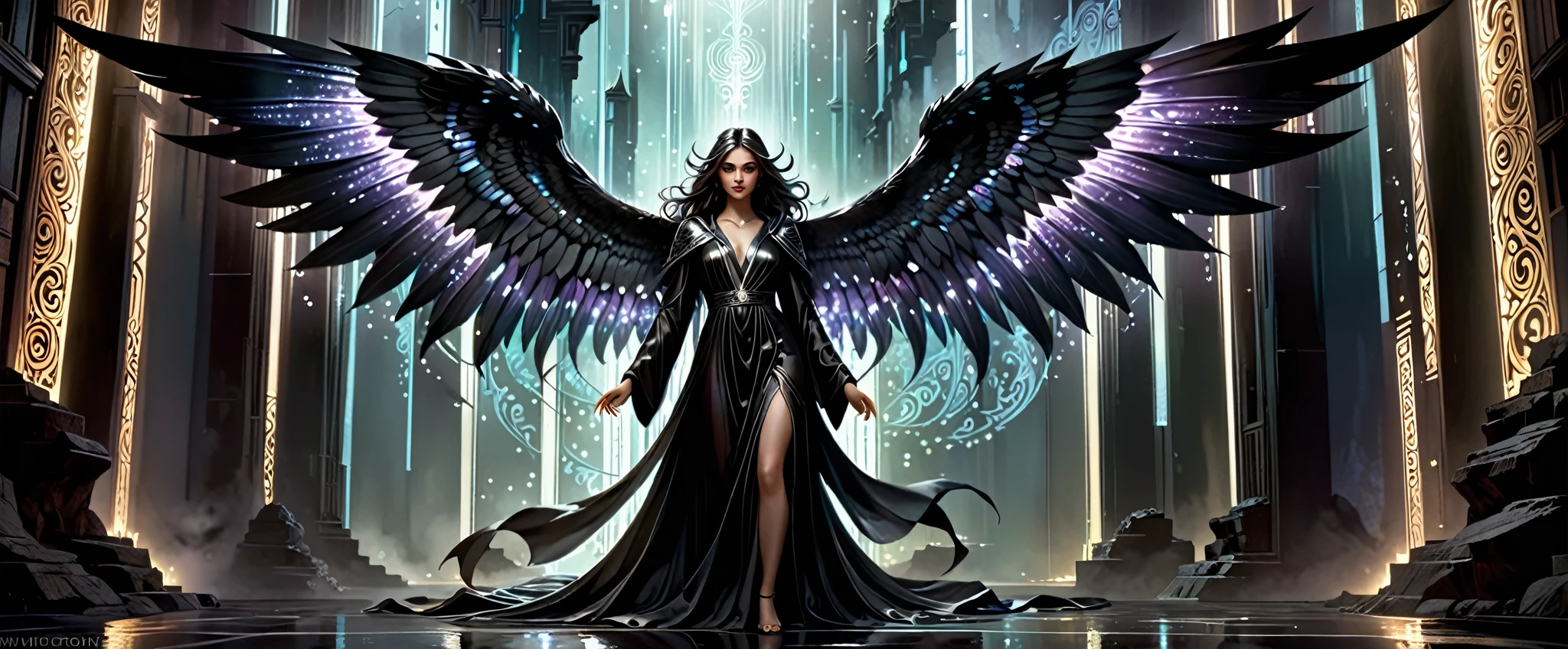 (((masterpiece))), (((best quality))), ((ultra-detailed)),(highly detailed CG illustration), ((an extremely delicate and beautiful)),dramatic light, Create a stunning urban fantasy artwork that mimics the style of currently trending masters of the genre. The art piece should contain elements of both mystery and urban fantasy with dreamy rainbow accents. ((Utilizes the black as the main color scheme.)) The character in the artwork is a delicate but strong  figure with an aura of mystery and fantasy and (beautiful translucent black-white wings). Pay close attention to intricate facial features, such as mesmerizing eyes with dark brown colors and bold shading. The character's clothing should be a gloomy, slim female fallen angel in a black robe with intricate and subtle iridescent details. Incorporate (((luminous glowing lights))), nightmarish colors, dynamic lighting, and detailed background elements to create a sense of awe and immersion. Include shadowy flying angel figures and native crystalline carbon that is the hardest known mineral, that is usually nearly colorless, that when transparent and free from flaws is highly valued as a precious stone, and that is used industrially especially as an abrasive, (also:a piece of this substance), radiating a dark aura. Consider the latest trends in urban fantasy art, such as incorporating unique lighting effects, exploring dynamic and compelling composition techniques, and experimenting with unique dark color palettes. Take inspiration from the top artists on ArtStation and Midjourney. Camera: Choose an angle that highlights the character's beauty and enhances the mystical fantasy of the artwork. Lighting: Utilize dark atmospheric techniques to create depth and mood. Resolution: Aim for a high-resolution artwork to showcase intricate details and clarity. Art Inspirations: Seek inspiration from the trending artists on ArtStation, exploring different styles, genres, and themes.
