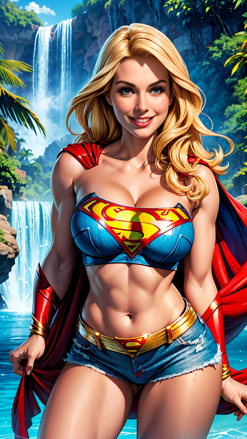 Supergirl, blonde hair, Close up of breasts, pokies, white spandex crop top, ((superman logo cleavage reveal)), denim bahama shorts, tropical waterfall location, smile