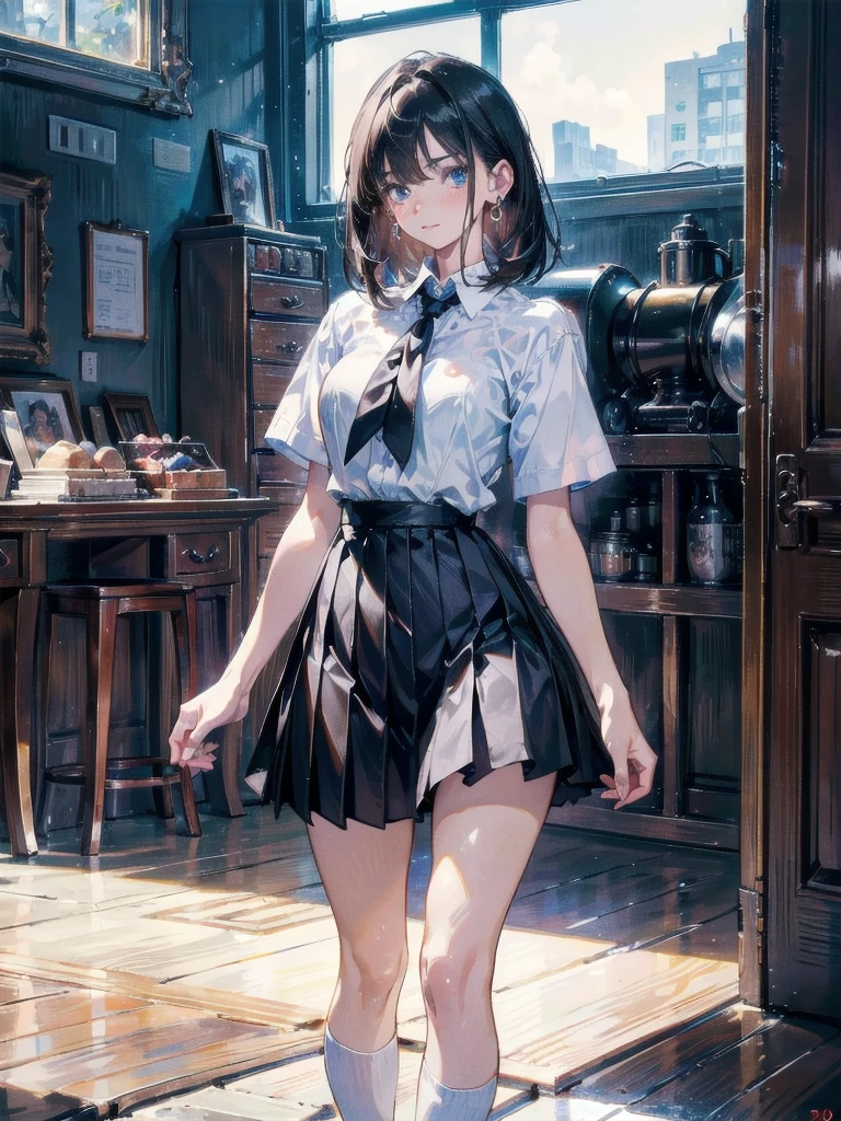 absurdres, RAW photo, extremely delicate and beautiful, masterpiece, Best Quality, ultra high resolution, 32k, hyperrealistic, ultra-detailed, perfect anatomy, super Detailed skin, perfect figure, Super Beauty, Perfect Style, Perfect balance, Beautiful Lighting, Perfect Lightning, Realistic Shadows, 20 years old, very Slim body, narrow waist, very small head, very small face, delicate facial features, handsome detailed woman, very detailed eyes and face, realistic face proportions, Realistic beautiful face, Realistic beautiful eyes, tearful mole, earring, very huge round breasts, legs, medium hair, whole body shot, indoor, school_uniform, shirt, pleated skirt, socks, loafers,