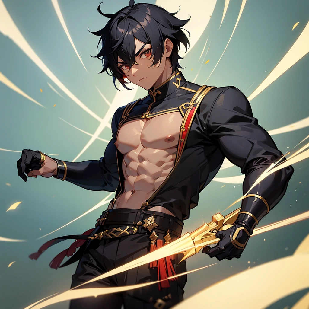 Create a muscular swordsman boy, attractive, black hair with somewhat dark skin, a colorful military suit inspired by pre-Hispanic clothing and circular lenses. All in a style as if it were a genshin impact character 