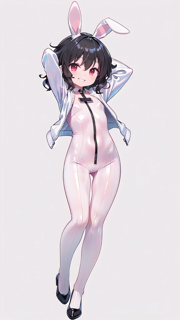 (((one girl))),(((inaba tewi))),((touhou),(((red eyes))),(rabbit girl),(((black hair,short hair,wavy hair))),(((white rabbit ears,white floppy ears))),(((Black leather jacket))),(((pink full bodysuit))),((latex)), (shiny clothes:1.2),(((grin))),(((full body))),(((arm behind head))),(((model posing))),((((simple white background))),(((Diagonal angle)))