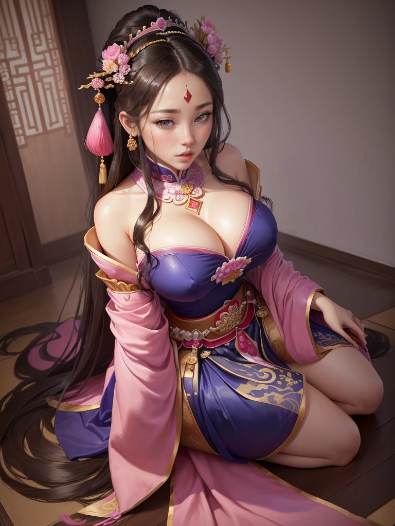 Painting of a woman in a pink and blue dress, Beautiful Fantasy Empress, ancient Chinese Princess, Beautiful character drawings, Chinese Princess, palace, Girl in Han Dress, Princess of an ancient Asian dynasty, Ancient Chinese Beauties, Inspired by Run In, Beautiful and attractive anime woman, Beautiful Fantasy Empress, Beautiful renderings of the Tang Dynasty, Beautiful oriental woman, Empress of China, Highly detailed CG unit 8k wallpaper, masterpiece, High resolution, highest quality, highest quality real texture skin, Super Real, Digital Painting, Best image quality, 最High resolution, 8k, ((Highly detailed eyes and face, Beautiful eyes every detail)), (wariza, seiza, from front, girl sitting, sit on the floor), huge breasts, gigantic breasts, disproportionate breasts, huge breasts, gigantic breasts, open your mouth, erect nipple,