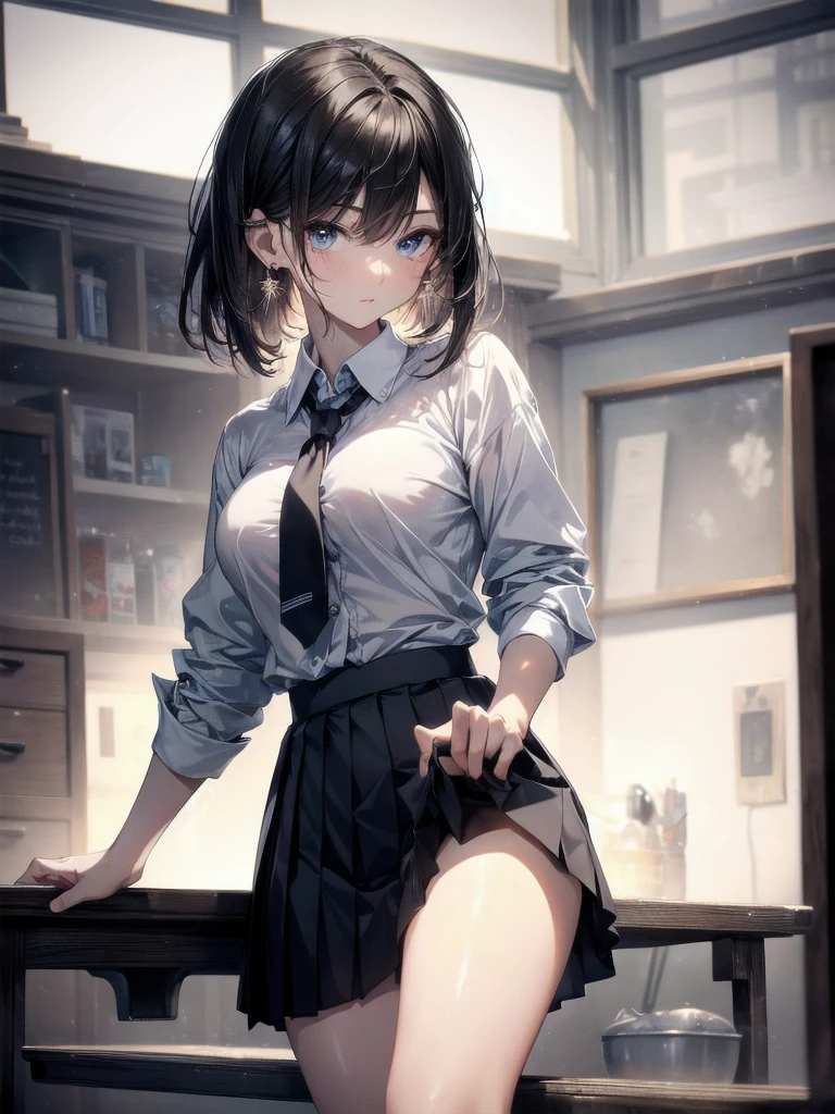 absurdres, RAW photo, extremely delicate and beautiful, masterpiece, Best Quality, ultra high resolution, 32k, hyperrealistic, ultra-detailed, perfect anatomy, super Detailed skin, perfect figure, Super Beauty, Perfect Style, Perfect balance, Beautiful Lighting, Perfect Lightning, Realistic Shadows, 20 years old, very Slim body, narrow waist, very small head, very small face, delicate facial features, handsome detailed woman, very detailed eyes and face, realistic face proportions, Realistic beautiful face, Realistic beautiful eyes, tearful mole, earring, very huge round breasts, legs, medium hair, whole body shot, indoor, school_uniform, shirt, pleated skirt, socks, loafers,
