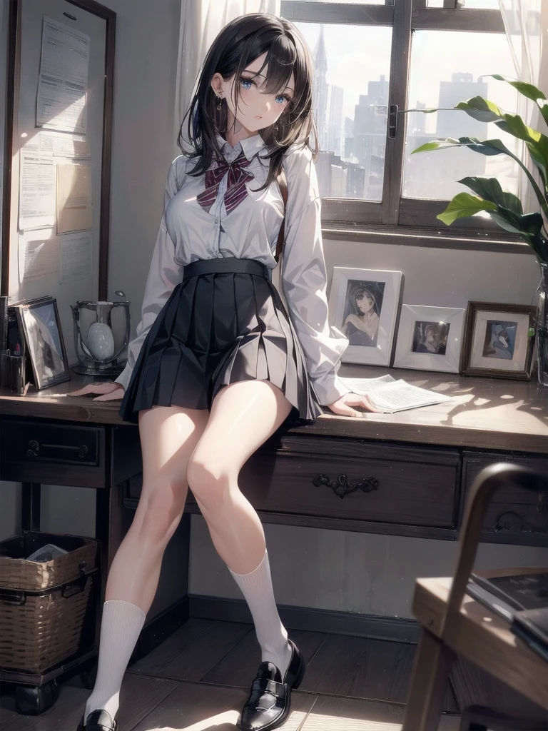 absurdres, RAW photo, extremely delicate and beautiful, masterpiece, Best Quality, ultra high resolution, 32k, hyperrealistic, ultra-detailed, perfect anatomy, super Detailed skin, perfect figure, Super Beauty, Perfect Style, Perfect balance, Beautiful Lighting, Perfect Lightning, Realistic Shadows, 20 years old, very Slim body, narrow waist, very small head, very small face, delicate facial features, handsome detailed woman, very detailed eyes and face, realistic face proportions, Realistic beautiful face, Realistic beautiful eyes, tearful mole, earring, very huge round breasts, legs, medium hair, whole body shot, indoor, school_uniform, shirt, pleated skirt, socks, loafers,