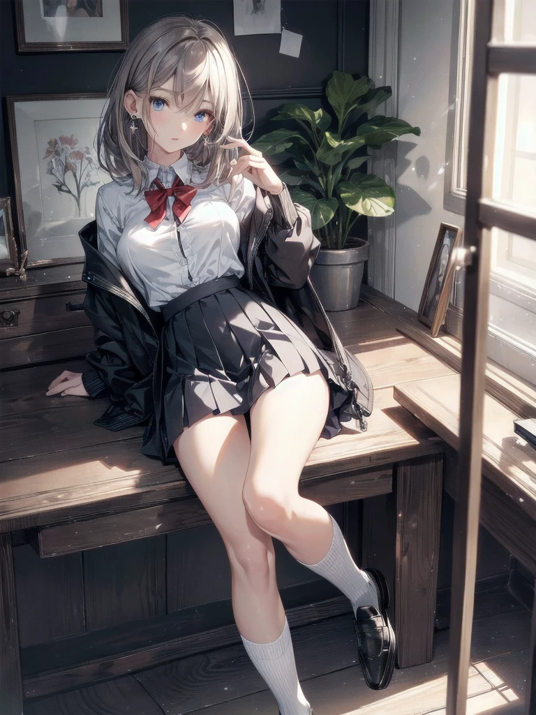 absurdres, RAW photo, extremely delicate and beautiful, masterpiece, Best Quality, ultra high resolution, 32k, hyperrealistic, ultra-detailed, perfect anatomy, super Detailed skin, perfect figure, Super Beauty, Perfect Style, Perfect balance, Beautiful Lighting, Perfect Lightning, Realistic Shadows, 20 years old, very Slim body, narrow waist, very small head, very small face, delicate facial features, handsome detailed woman, very detailed eyes and face, realistic face proportions, Realistic beautiful face, Realistic beautiful eyes, tearful mole, earring, very huge round breasts, legs, medium hair, whole body shot, indoor, school_uniform, shirt, pleated skirt, socks, loafers,