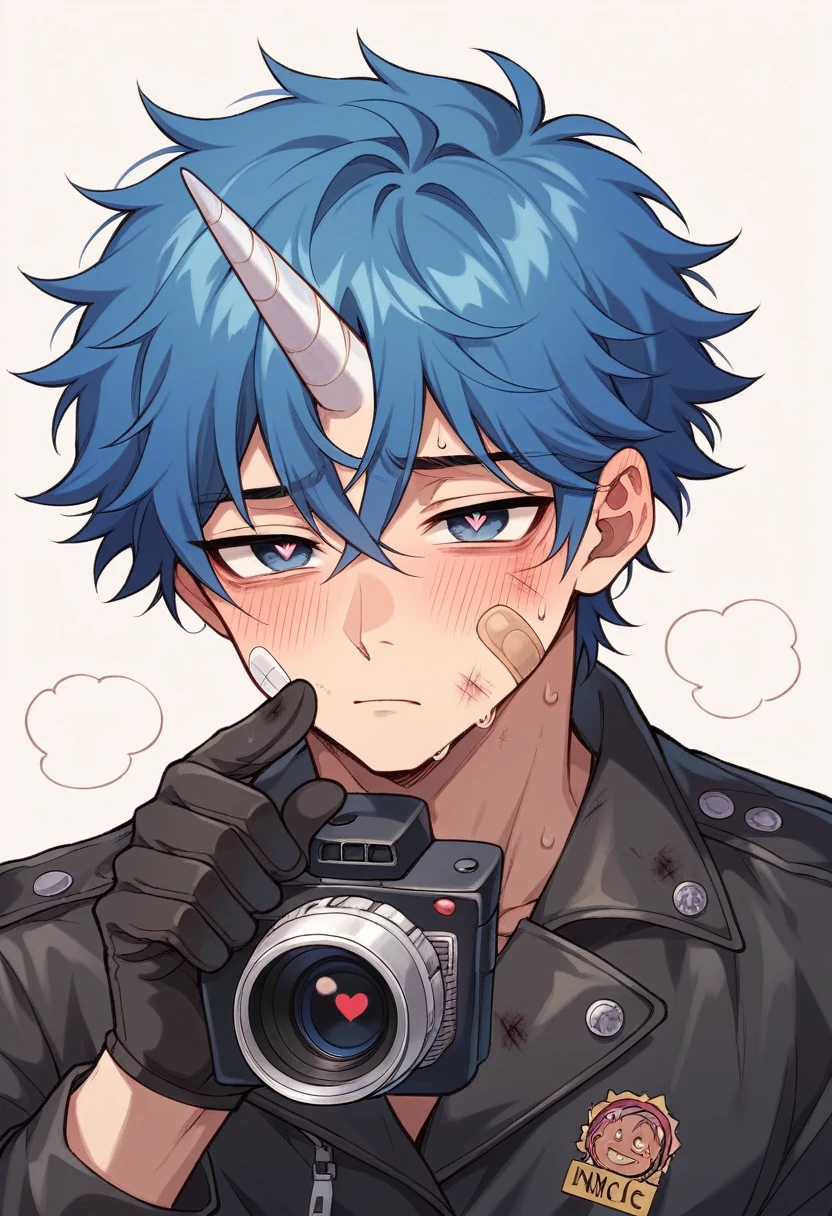 Semi-human unicorn boy, pastel blue hair, long and slightly messy hair, pale blue unicorn horn, dark blue eyes, long eyelashes, red dark circles under his eyes, bruises and wounds on the face, tired expression, blushing, sweaty, handsome, cute boy, motorcycle jacket, black combat gloves, pins of hearts in the jacket, cover of fashion and gossip magazine, camera shy expression, band-aid on cheek, heart-shaped pupils