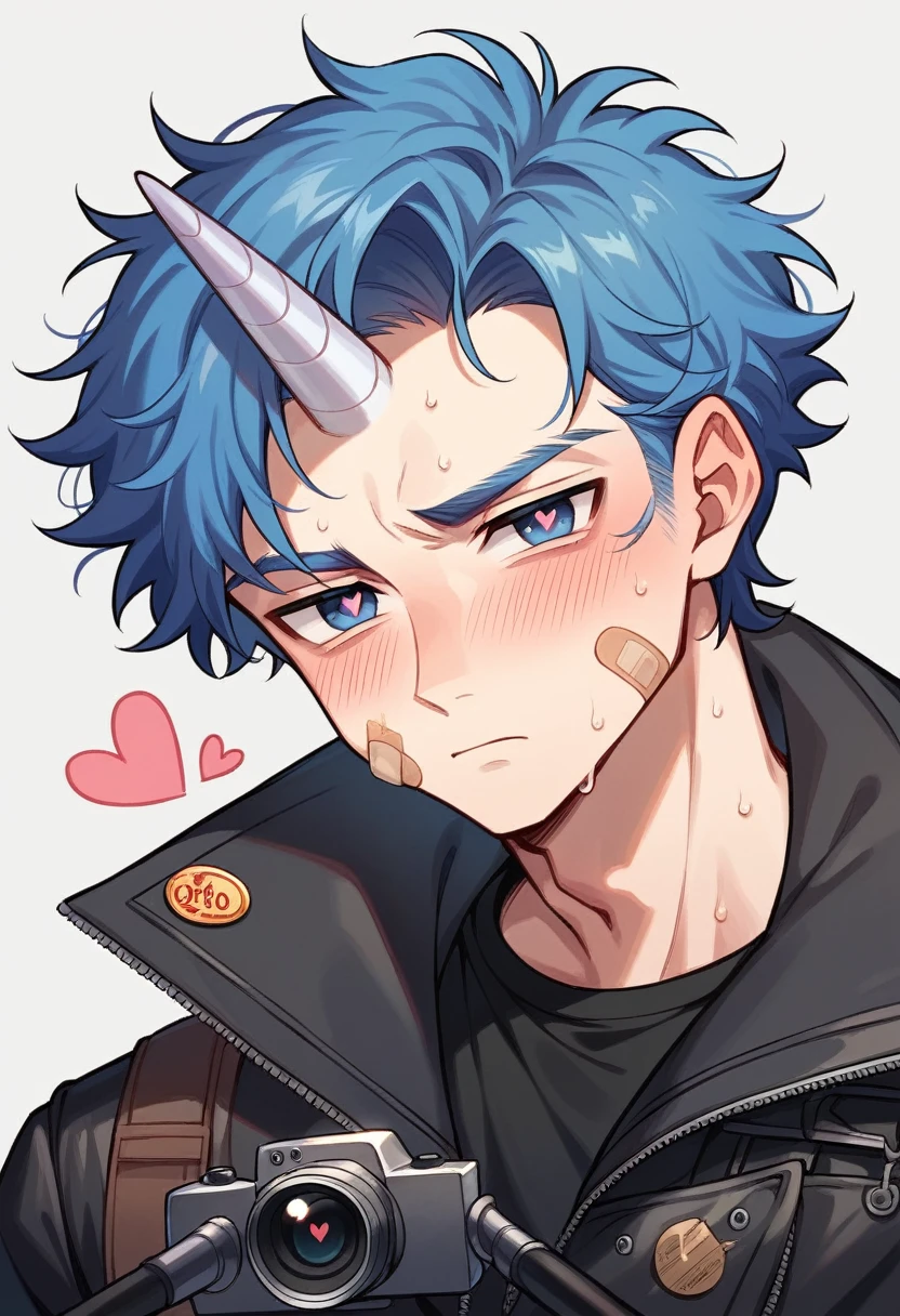 Semi-human unicorn boy, pastel blue hair, long and slightly messy hair, pale blue unicorn horn, dark blue eyes, long eyelashes, red dark circles under his eyes, bruises and wounds on the face, tired expression, blushing, sweaty, handsome, cute boy, motorcycle jacket, black combat gloves, pins of hearts in the jacket, cover of fashion and gossip magazine, camera shy expression, band-aid on cheek, heart-shaped pupils
