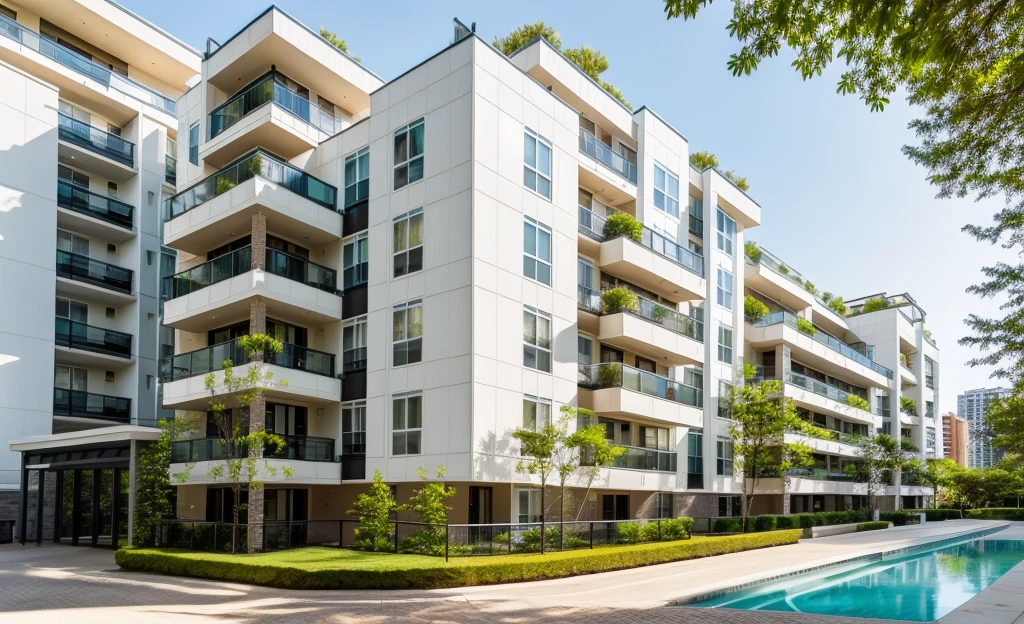 exterior of highrise apartment building, contemporary style, balconies, plants and flowers on balconies, vivid colour, beautiful landscape, stone pavement,cars, realistic, RAW photo, 8k uhd, dslr, soft lighting, high quality, film grain, Fujifilm XT3,masterpiece,