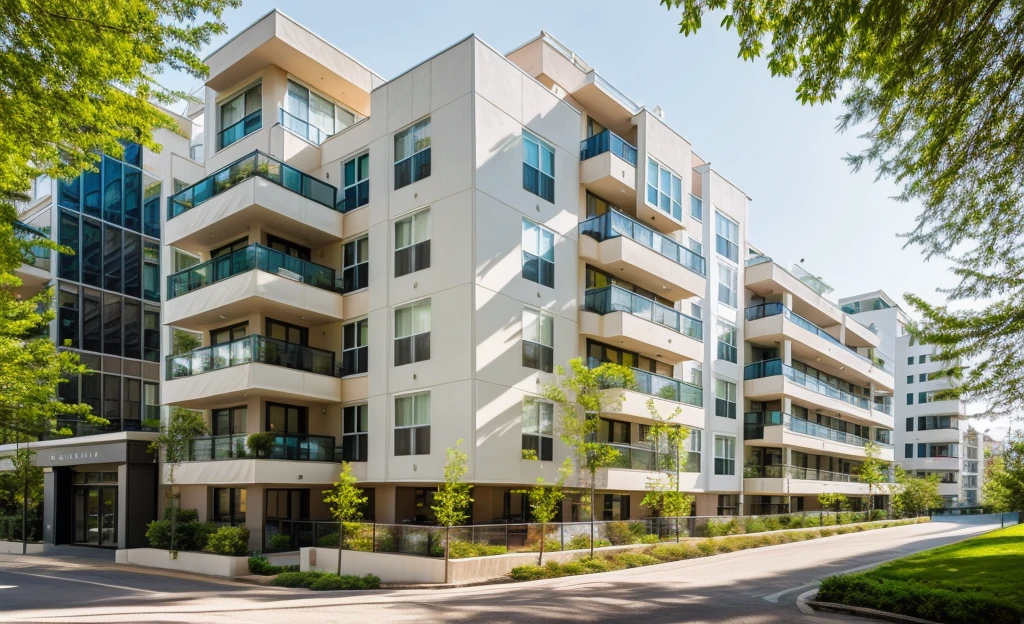 exterior of highrise apartment building, contemporary style, balconies, plants and flowers on balconies, vivid colour, beautiful landscape, stone pavement,cars, realistic, RAW photo, 8k uhd, dslr, soft lighting, high quality, film grain, Fujifilm XT3,masterpiece,