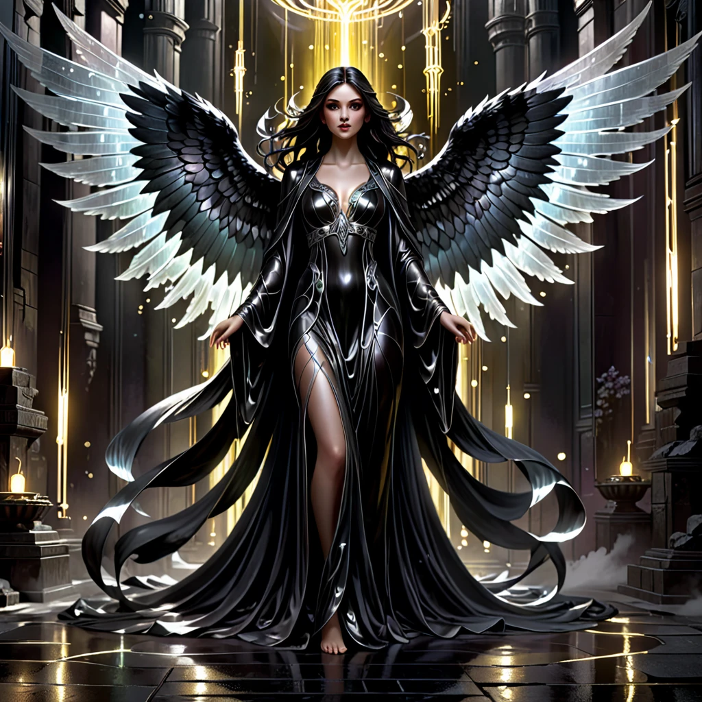 (((masterpiece))), (((best quality))), ((ultra-detailed)),(highly detailed CG illustration), ((an extremely delicate and beautiful)),dramatic light, Create a stunning urban fantasy artwork that mimics the style of currently trending masters of the genre. The art piece should contain elements of both mystery and urban fantasy with dreamy rainbow accents. ((Utilizes the black as the main color scheme.)) The character in the artwork is a delicate but strong  figure with an aura of mystery and fantasy and (beautiful translucent black-white wings). Pay close attention to intricate facial features, such as mesmerizing eyes with dark brown colors and bold shading. The character's clothing should be a gloomy, slim female fallen angel in a black robe with intricate and subtle iridescent details. Incorporate (((luminous glowing lights))), nightmarish colors, dynamic lighting, and detailed background elements to create a sense of awe and immersion. Include shadowy flying angel figures and native crystalline carbon that is the hardest known mineral, that is usually nearly colorless, that when transparent and free from flaws is highly valued as a precious stone, and that is used industrially especially as an abrasive, (also:a piece of this substance), radiating a dark aura. Consider the latest trends in urban fantasy art, such as incorporating unique lighting effects, exploring dynamic and compelling composition techniques, and experimenting with unique dark color palettes. Take inspiration from the top artists on ArtStation and Midjourney. Camera: Choose an angle that highlights the character's beauty and enhances the mystical fantasy of the artwork. Lighting: Utilize dark atmospheric techniques to create depth and mood. Resolution: Aim for a high-resolution artwork to showcase intricate details and clarity. Art Inspirations: Seek inspiration from the trending artists on ArtStation, exploring different styles, genres, and themes.