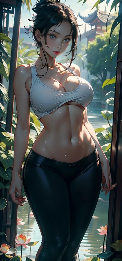 Naked bobs, 1female，35yo，Milf，long leges，Big breasts Thin waist，Slim，huge-breasted ，Pornographic exposure， solo，（Background with：bamboo forrest，lotuses，lotus flower，exteriors，Lotus pond） She has short black hair，standing on your feet，Sweat profusely，drenched all over the body，seen from the front， hair straight， mostly cloudy sky，（（（tmasterpiece），（Very detailed CG unity 8K wallpaper），best qualtiy，cinmatic lighting，detailed back ground，beatiful detailed eyes，Bright pupils，Black eyes，Redlip（Very fine and beautiful），（Beautiful and detailed eye description），ultra - detailed，tmasterpiece，）），facing at camera，A high resolution，ultra - detailed），revealing breasts，Bare genitals，  Bulge，legs are open，Raised sexy，Camel toes，Flushed complexion，Open-mouthed，frontage，high school senior，（Wearing：Chinese Ancient Times，Sailor uniform，black legging pants，athletic sneakers，Bare breasts，）Full body photo，Show shoes