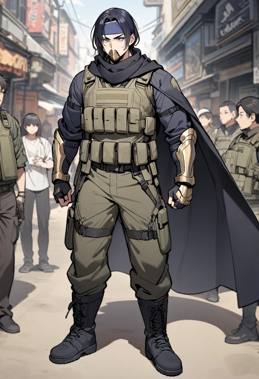 man, wearing a green tactical vest, wearing a long black scarf connected to a black cape, wearing brass and black fingerless gauntlets, wearing dark blue underclothes, wearing brass and black color boots, wearing a sagging tactical belt, wearing a dark blue metal mouth cover, wearing a dark blue headband, a man with white stylized hair