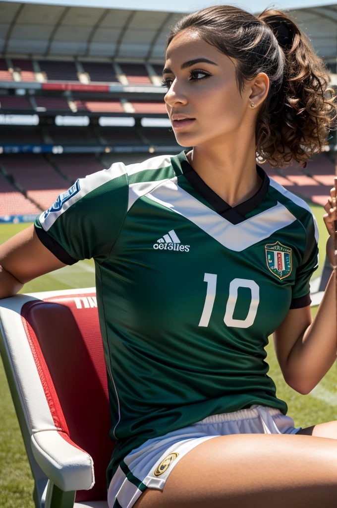 1 fille dans, 19 ans,qui joue au football  , seulement, photo realiste , une belle fille kabyle algérienne, cheveux brun clair ondulés, Bijoux kabyles, Kabylian hair style, cheveux mi-longs, beau visage berbère kabyle, yeux marron clair-vert, peau claire, visage mince, corps des coureurs, portant une tenue de soccer de la couleur jaune , (peau texturée, pores de la peau:1.1), chair de poule, Pose séduisante, (Extérieur:1.1), stade de foot en arriere plan, ensoleillé, Lumière naturelle, Nikon Z8 + NIKKOR Z 24-120 mm f./4S

