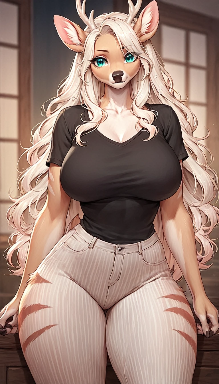 score_9, score_8_up, score_7_up, score_6_up, score_5_up, score_4_up, (solo), female anthro deer, black shirt, stripes pants, lusty, fluffy body, long blond hair, turquoise eyes, (thick thighs:1.5) , big breasts, from the back, backsite, from back