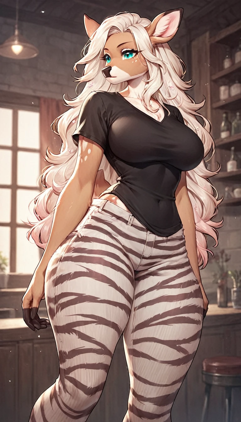 score_9, score_8_up, score_7_up, score_6_up, score_5_up, score_4_up, (solo), female anthro deer, black shirt, stripes pants, lusty, fluffy body, long blond hair, turquoise eyes, (thick thighs:1.5) , big breasts, from the back, backsite, from back