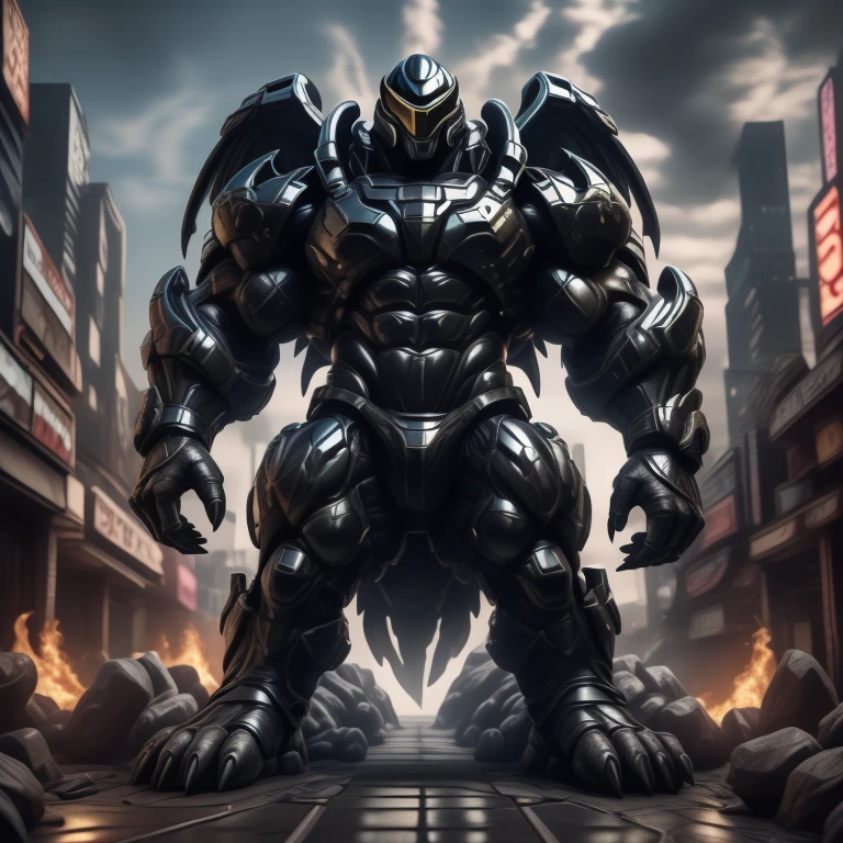 (masterpiece. official art. 8k. best quality. detailed full body. full body.)
(situation 1 : dominating mega lucario. focus GIANT mechanical Muscular mega lucario is trampling the CITY. macro. stomp. Low-angle perspective. emphasizing the immense size. The perspective is from below, emphasizing the sheer majesty and power of the Giant. giant art. He is much bigger than a skyscraper. Giga Giants. micro soccer field. looking down.)

(situation 2 :smoke and flames rising from the destruction in the city)

(Additional details 1: wearing a full-face helmet. helmet is jet black. The color of NANOSUIT is jet black. high-tech bio-mecha armor. real texture material. whole body shines like metal. Wearing cyberpunk mecha. emphasizes the muscles. suit fully made of metal. intricate armor. Robotic suit. suit fully made of metal. no face.). (mega lucario has 5 toes.) Wearing a Full Face Toxic Gas Mask. no blue.
An arrogant expression.
smile at the corner of your mouth.

(Additional details 2: (Detailed head. Detailed Body. Detailed abs. gigantic muscles. HYPER MUSCLES. Gigachad Muscular. big muscle. pecs. triceps. traps. unusually developed muscular body. body full of huge muscles. showing off muscles. pectorales enormes. Exaggeratedly huge muscles. huge muscles. long legs.).

(Additional details 3: nj5furry, Spread wings. It has wings. black have big wings. The claws are sharp. Sharp teeth.5 toes.).  Wearing a Full Face Toxic Gas Mask. 