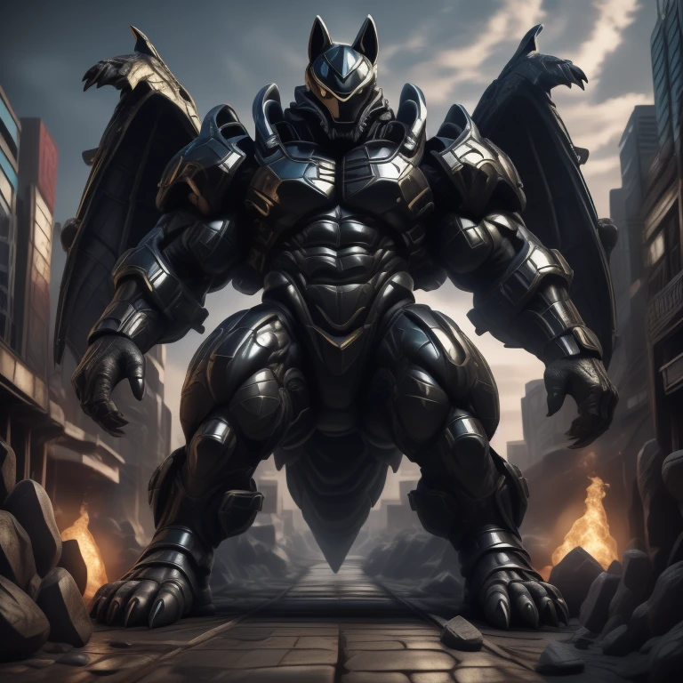 (masterpiece. official art. 8k. best quality. detailed full body. full body.)
(situation 1 : dominating mega lucario. focus GIANT mechanical Muscular mega lucario is trampling the CITY. macro. stomp. Low-angle perspective. emphasizing the immense size. The perspective is from below, emphasizing the sheer majesty and power of the Giant. giant art. He is much bigger than a skyscraper. Giga Giants. micro soccer field. looking down.)

(situation 2 :smoke and flames rising from the destruction in the city)

(Additional details 1: wearing a full-face helmet. helmet is jet black. The color of NANOSUIT is jet black. high-tech bio-mecha armor. real texture material. whole body shines like metal. Wearing cyberpunk mecha. emphasizes the muscles. suit fully made of metal. intricate armor. Robotic suit. suit fully made of metal. no face.). (mega lucario has 5 toes.) Wearing a Full Face Toxic Gas Mask. no blue.
An arrogant expression.
smile at the corner of your mouth.

(Additional details 2: (Detailed head. Detailed Body. Detailed abs. gigantic muscles. HYPER MUSCLES. Gigachad Muscular. big muscle. pecs. triceps. traps. unusually developed muscular body. body full of huge muscles. showing off muscles. pectorales enormes. Exaggeratedly huge muscles. huge muscles. long legs.).

(Additional details 3: nj5furry, Spread wings. It has wings. black have big wings. The claws are sharp. Sharp teeth.5 toes.).  Wearing a Full Face Toxic Gas Mask. 