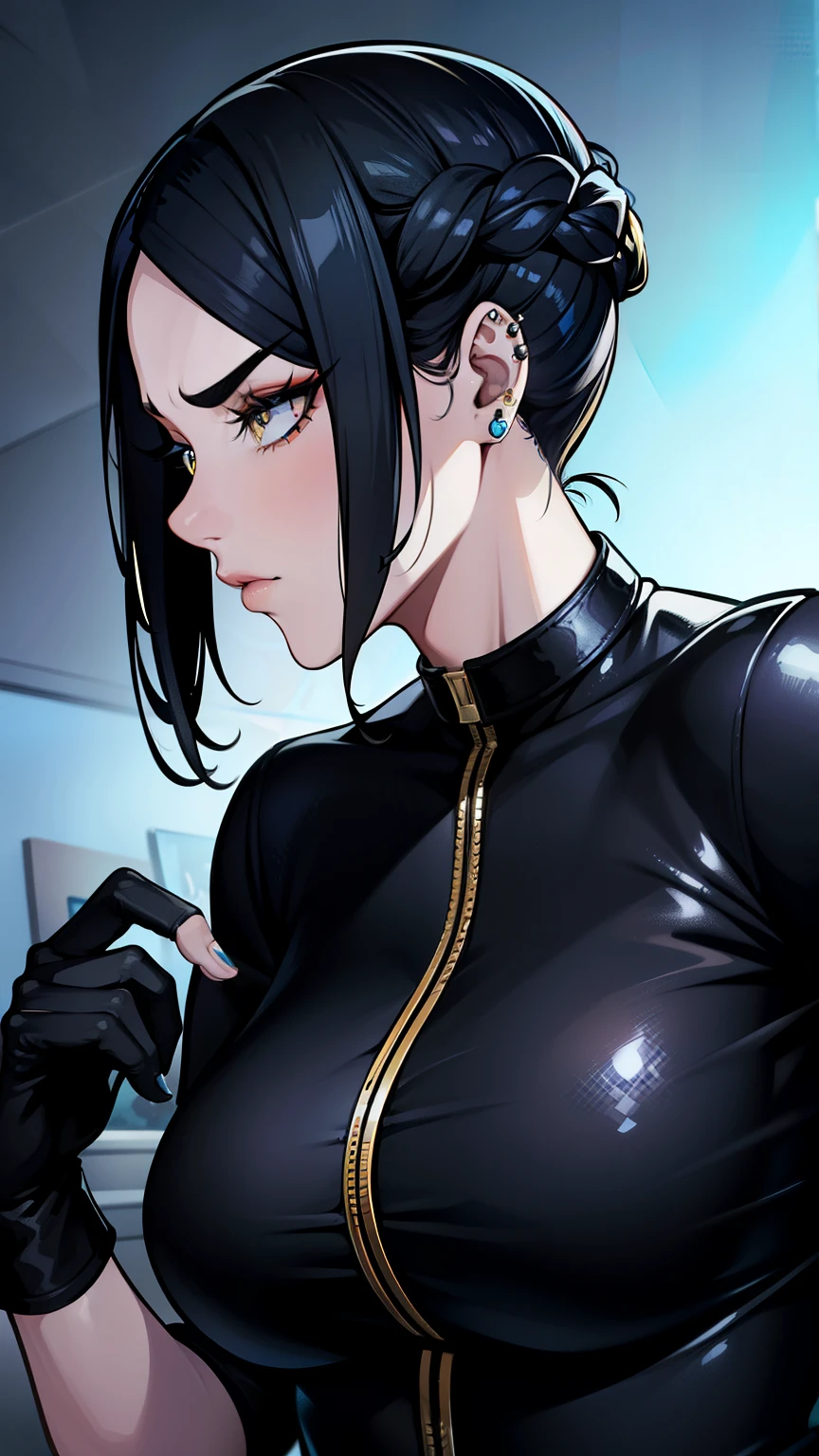 {8k image}, andogenous character, (netflix art style),
skin black, blue and yellow eyes, Finger waves style hair, eyebrow scratch, ear piercings.