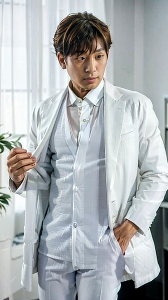 (Masterpiece), (Best Quality), (ultra detailed),Satoru Gojo at an event in an elegant white suit 