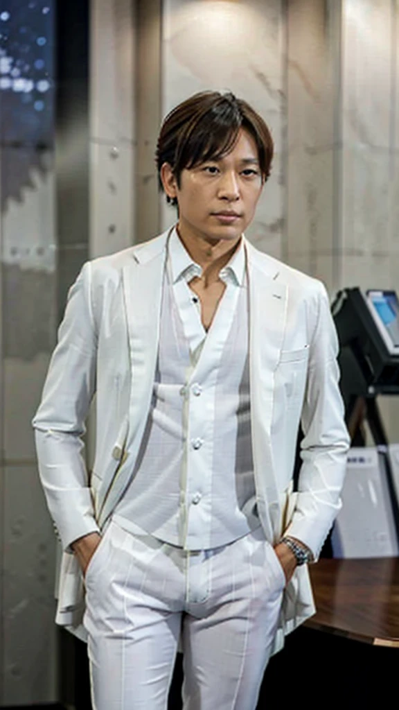 (Masterpiece), (Best Quality), (ultra detailed),Satoru Gojo at an event in an elegant white suit 