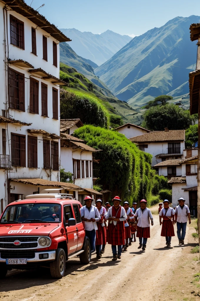 advertising sopt, several happy people in the countryside celebrating Peruvian national holidays 