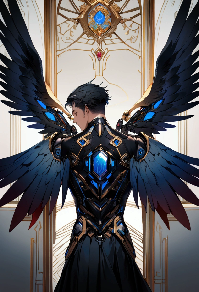 A man with futuristic technology, with 2 wings on each side of its back, the left wings are blue with black tips and the right wings are red with black tips, profile picture 