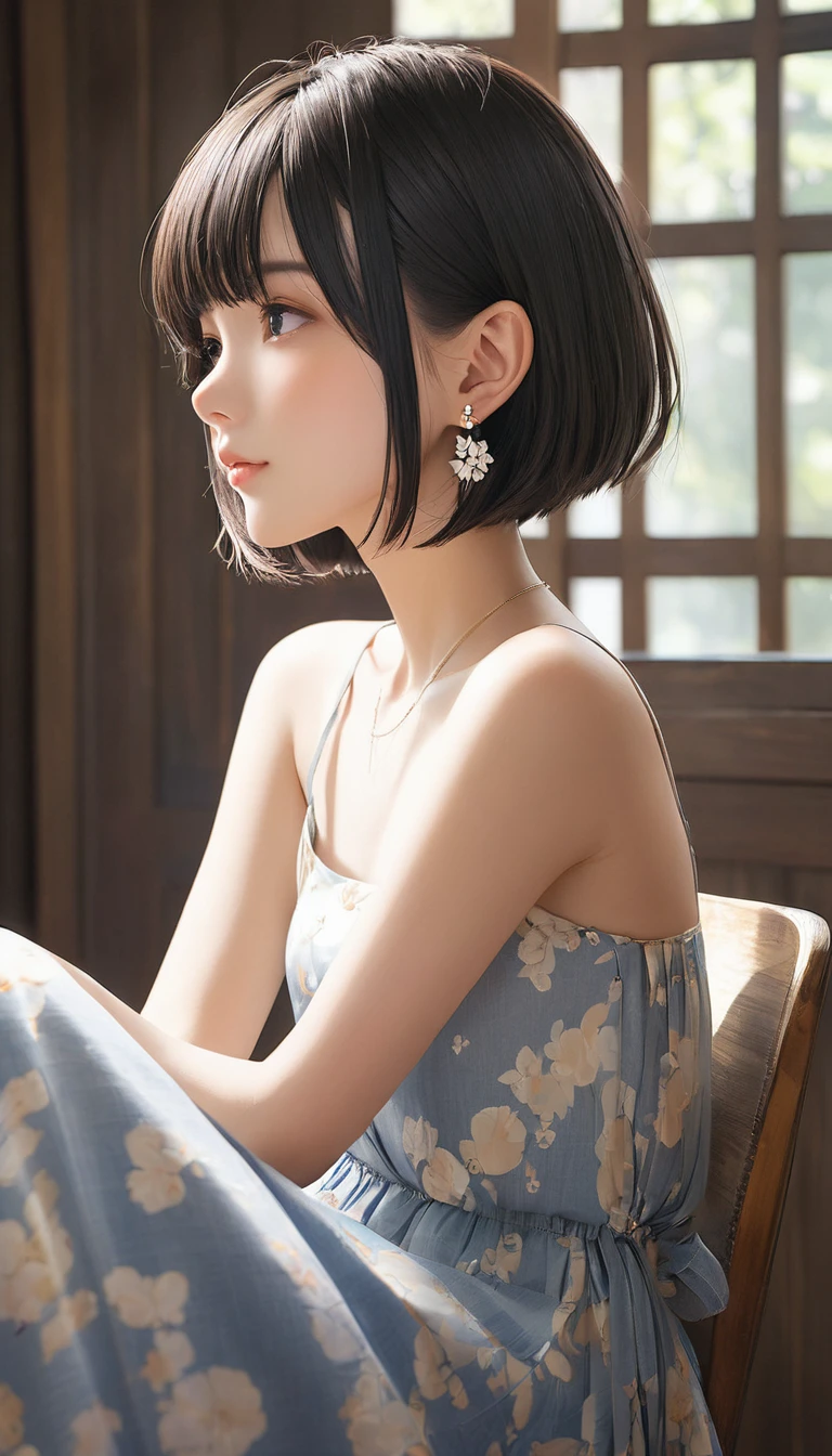 (masterpiece, Highest quality:1.2), One girl, alone,bony body、15 years old、bob cut、Earrings