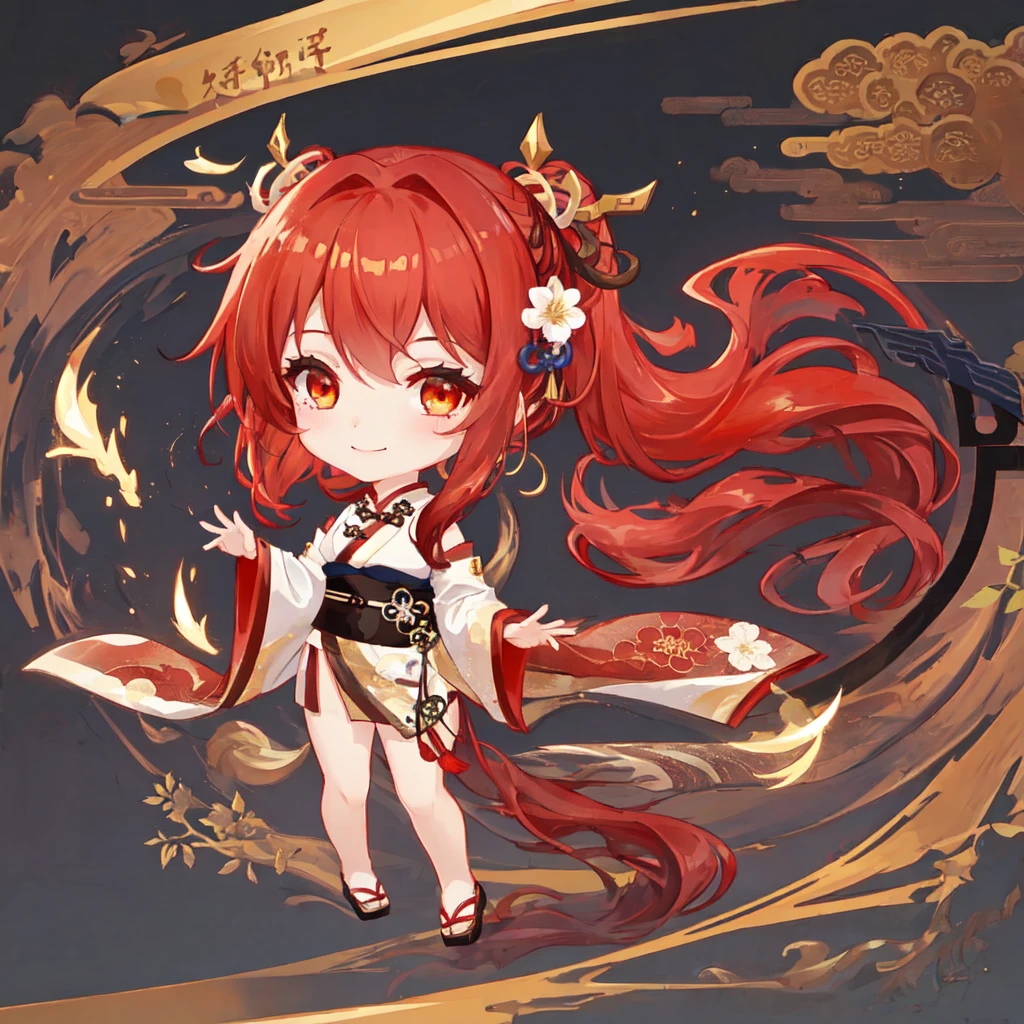 Alone, 1 girl, red wavy fluffy hair, red hair, golden eyes, hanfu, chinese style, cute, cute, chibi,