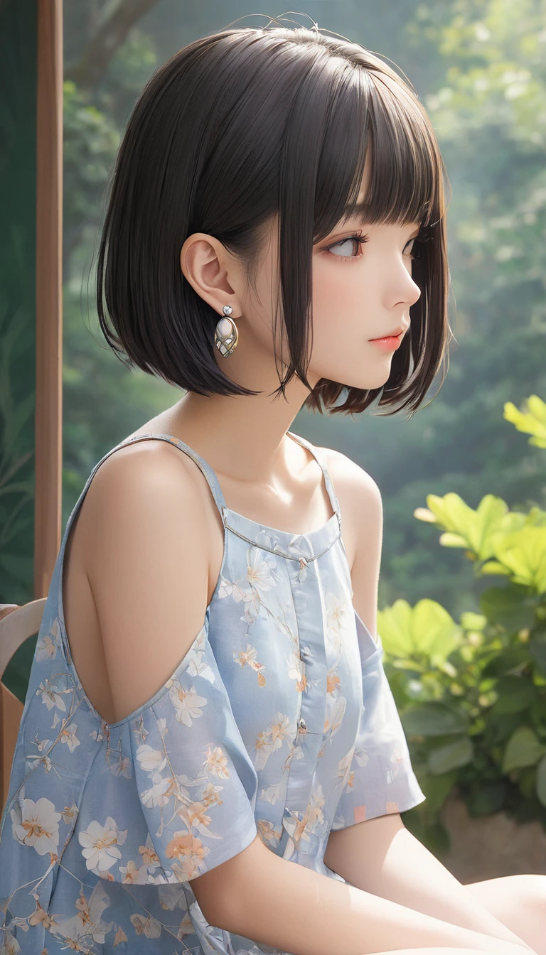 (masterpiece, Highest quality:1.2), One girl, alone,bony body、、bob cut、Earrings
