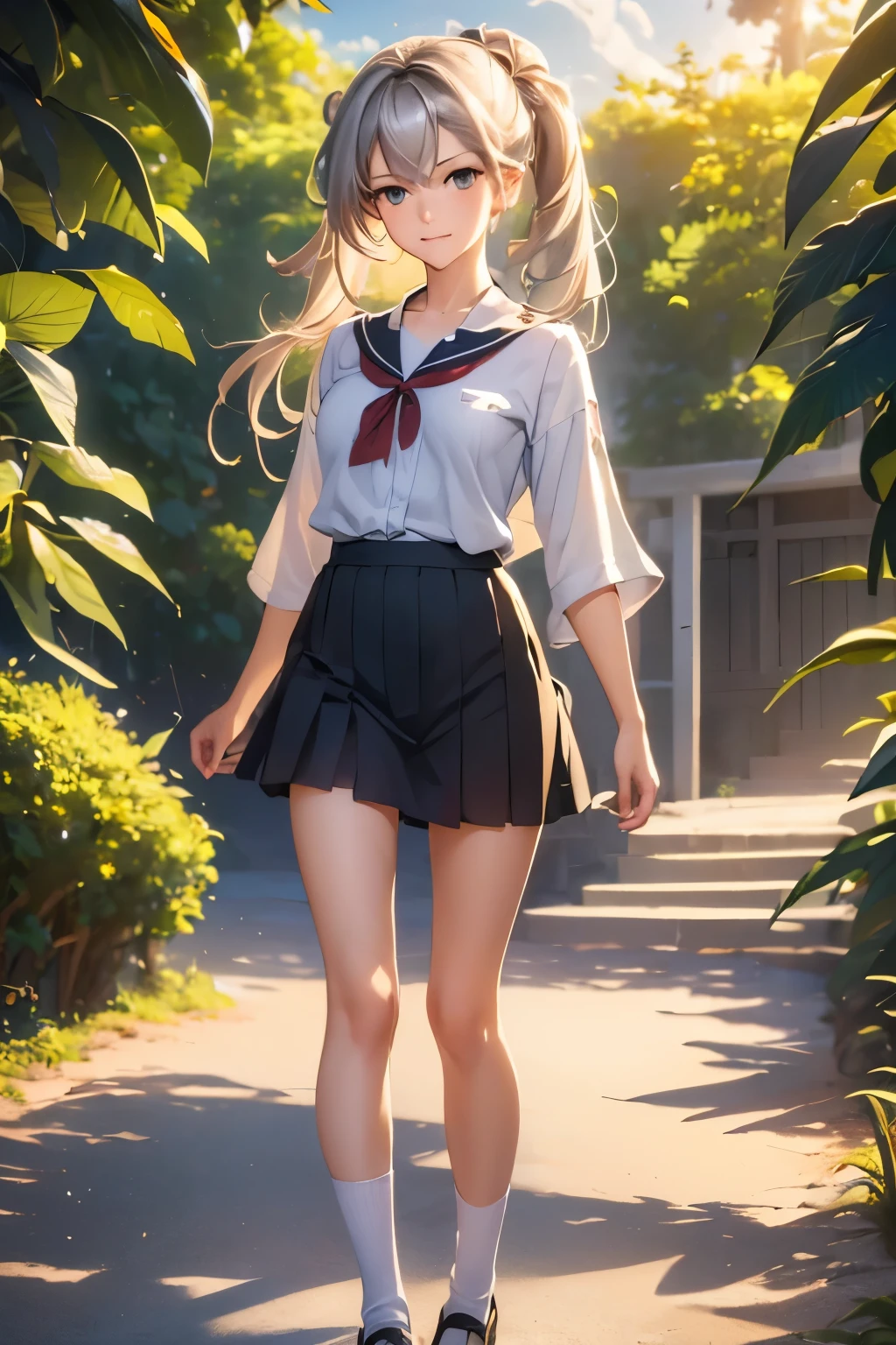 ((masterpiece)), ((best quality)), ((highres)), ((extremely detailed CG unity 8k wallpaper)), solo, tachibana kanade, tan school uniform, black skirt, white socks, outdoors, face, curtained hair, beach, parted hair, silver hair
