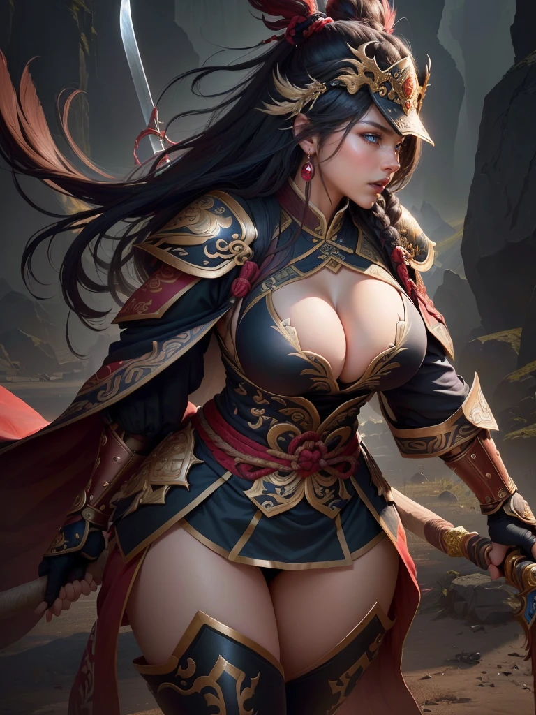 a woman with a large axe and a feathered head, inspired by Hu Zaobin, berserker potrait, guan yu, bian lian, sun wukong, mongol, inspired by Huang Shen, inspired by Li Gonglin, tai warlord, inspired by Wu Bin, wukong, inspired by Li Kan, naranbaatar ganbold, Highly detailed CG unit 8k wallpaper, masterpiece, High resolution, highest quality, highest quality real texture skin, Super Real, Digital Painting, Best image quality, 最High resolution, 8k, ((Highly detailed eyes and face, Beautiful eyes every detail)), 1girl, Full Body Shot, Saggy breasts, Gravity-dependent breasts, long chest, Heavy chest, disproportionate breasts, huge breasts, sagging breasts, gigantic breasts, erect nipple, Cleavage cut out, Look away, Gazing into the distance, ((open your mouth wide, stick out tongue, ahegao)), (evil smile, madness, 遠くをにらむ, 遠くを見つめる. profile),