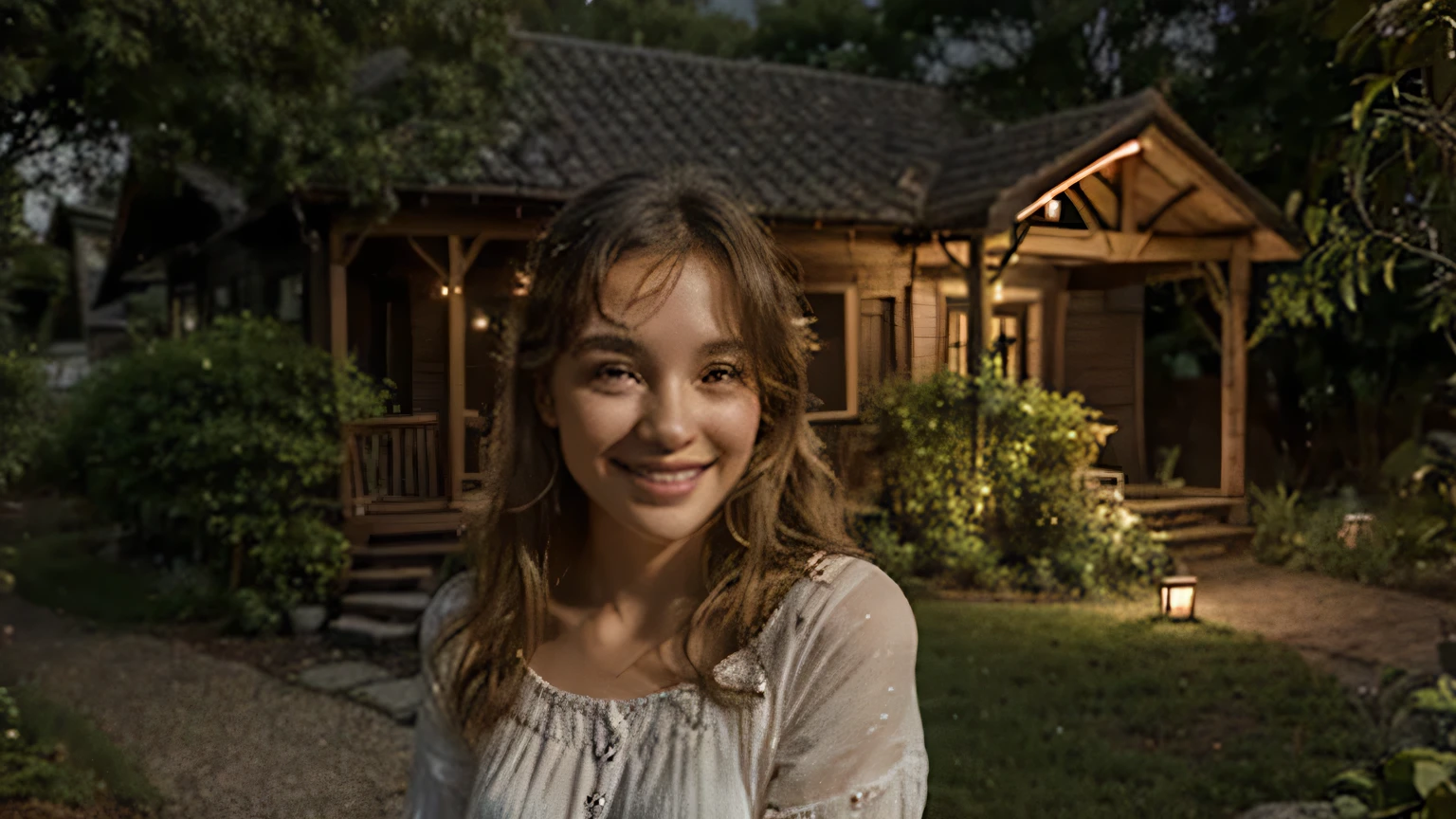 On a beautiful night, under the soft glow of the stars, a 45 year old woman is smiling in front of a small rural house. She exudes a peaceful joy, your smile reflecting the peace of the surrounding environment. At home, simple and cozy, is surrounded by lush vegetation, creating a serene and welcoming scene. the night sky, dotted with stars, adds a magical touch to the scene, making the moment even more special. 8K ultra realistic portrait.