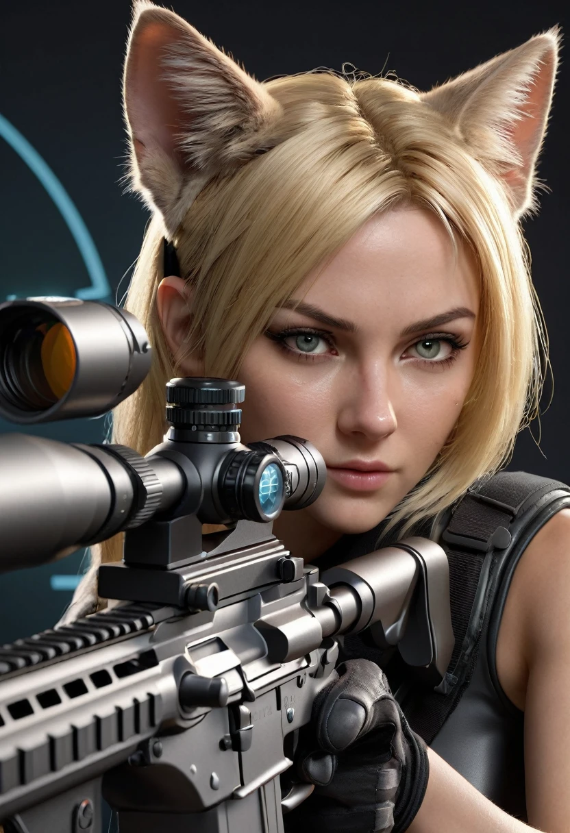 "Create a highly realistic and photorealistic image of a blonde character with cat ears looking through a rifle scope and aiming at a target. The scene requires a futuristic, cyber aesthetic with dynamic angles. Please make sure the image is high resolution.