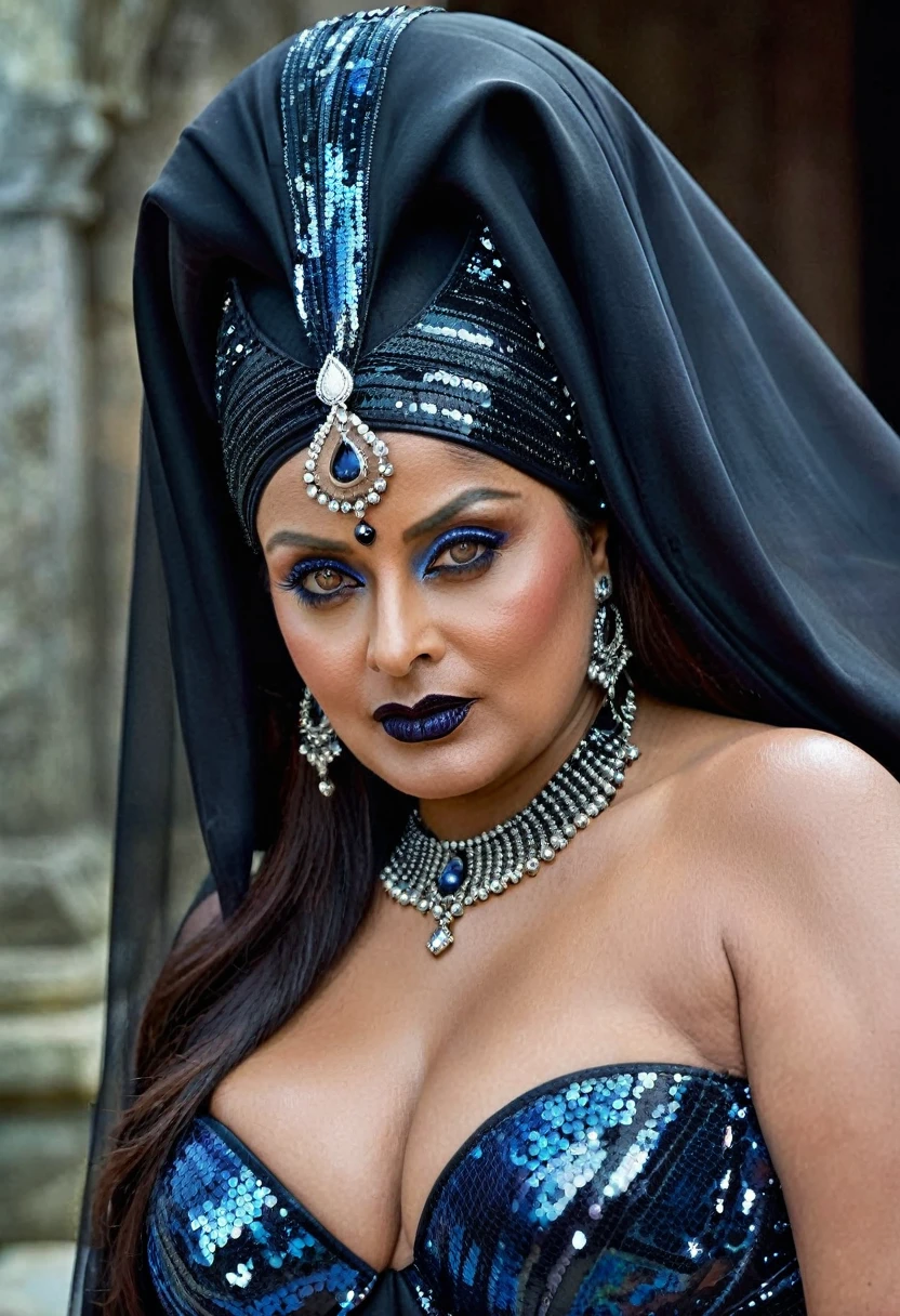 Looks like Aishwarya Rai, Big chubby aunty, milf, cougar lady witch, horny Gothic milf, 70 years old gorgeous mature lady, pervert demoness, demoness of lust, curvy, black lips, horny face, extremely gorgeous, thick figure, heavy physique, voluptuous, curvy, sexy figure, Fashionable portrait of androgynous alien looking witch wearing veil, glowing eyes, futuristic design, minimal details, givenchy, photoreal, 200mm, hd, f/ 2.0, highly detailed, surreal, sexy beautiful evil woman, sexy bold sequin Saree with strapless Bra, chudail, Pishachini, horror genre, blood-thirsty enchantress, powerful female spirit, eerie, drop dead, in the style of red and blue, (intricate details, hyperdetailed:1.15) (skin texture:1.2), dark Moody tone, cinematic lighting, haunted place in background,