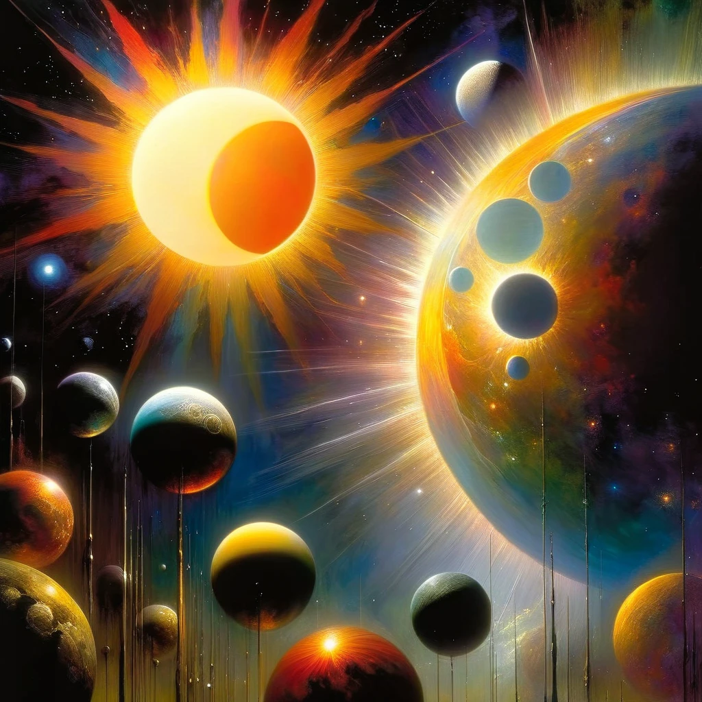 a surreal oil painting of the sun against the moon, dreamlike and mystical atmosphere, vivid colors, detailed celestial bodies, dramatic lighting,chiaroscuro effect, cinematic composition, inspired by the art of Bill Sienkiewicz, masterpiece, high quality, 8k, photorealistic