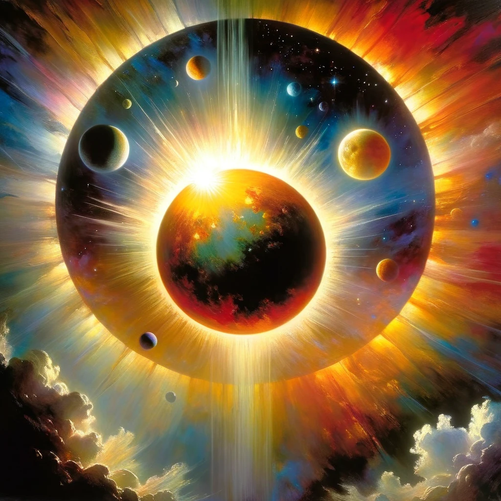 a surreal oil painting of the sun against the moon, dreamlike and mystical atmosphere, vivid colors, detailed celestial bodies, dramatic lighting,chiaroscuro effect, cinematic composition, inspired by the art of Bill Sienkiewicz, masterpiece, high quality, 8k, photorealistic
