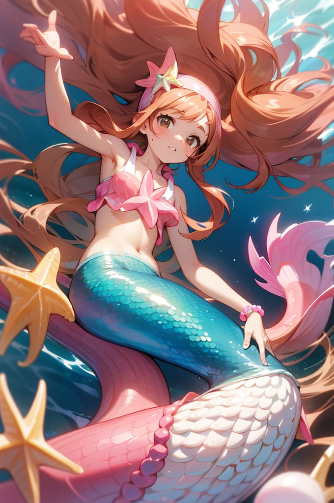 mermaid with pink tail, long caramel hair, caramel hair, brown eyes, wears a pink top with seashells, wears seashell accessories, pearl beads decorating waist, wears a pink headband with seashells and starfish, caramel hair, light brown hair