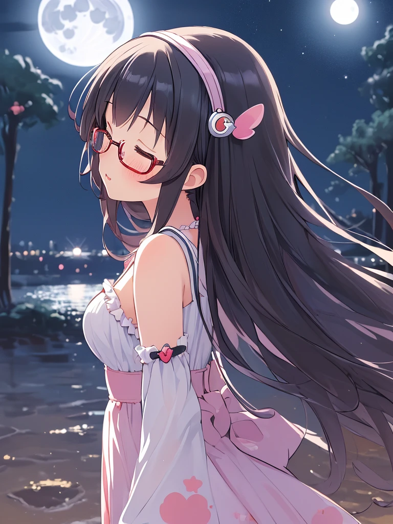 ((masterpiece)), ((best quality)), (ultra-detailed), ((kawaii)), cute, (lovely), illustration, anime style, 1girl, cute girl, solo, (from side:1.3), (midnight:1.4), (moonlight:1.5), (beautiful eyes), beautiful black hair, (long hair), (horseshoe-shaped hairband), slim, slender, glasses, medium breast, incoming kiss, closed eyes.