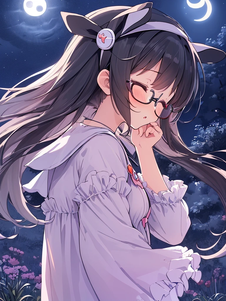 ((masterpiece)), ((best quality)), (ultra-detailed), ((kawaii)), cute, (lovely), illustration, anime style, 1girl, cute girl, solo, (from side:1.3), (midnight:1.4), (moonlight:1.5), (beautiful eyes), beautiful black hair, (long hair), (horseshoe-shaped hairband), slim, slender, glasses, medium breast, incoming kiss, closed eyes.