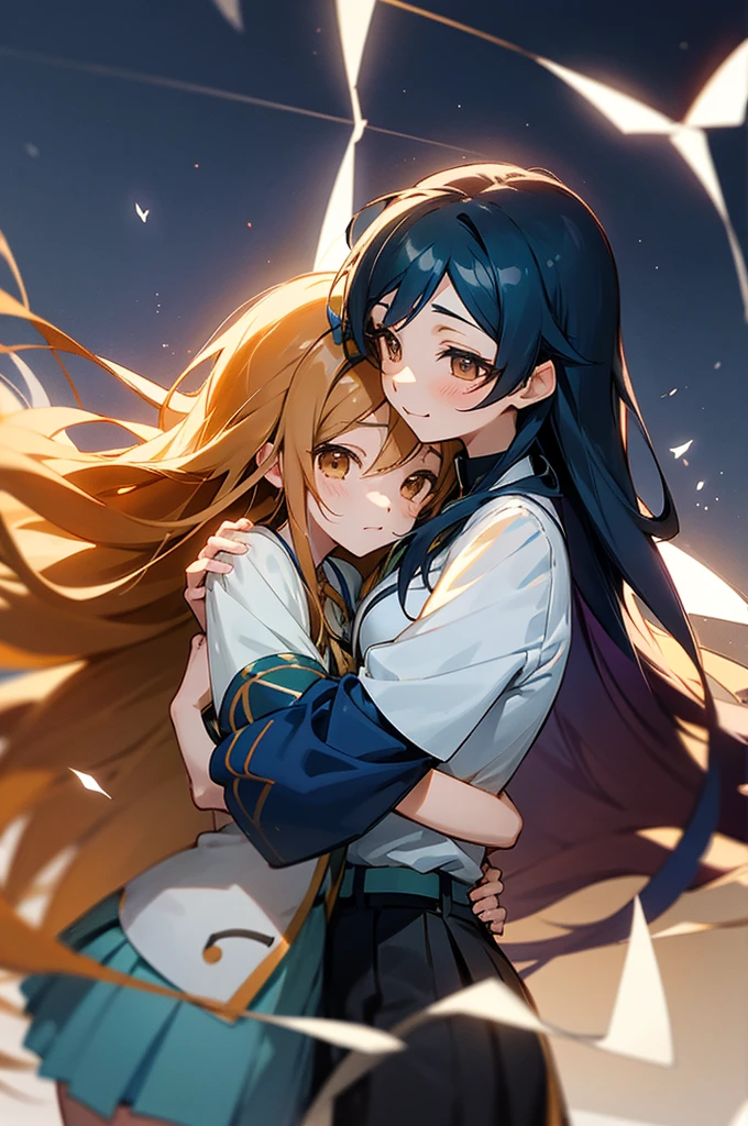 Mayoi Ayase from ensemble stars hugging a cute girl with long caramel hair and brown eyes