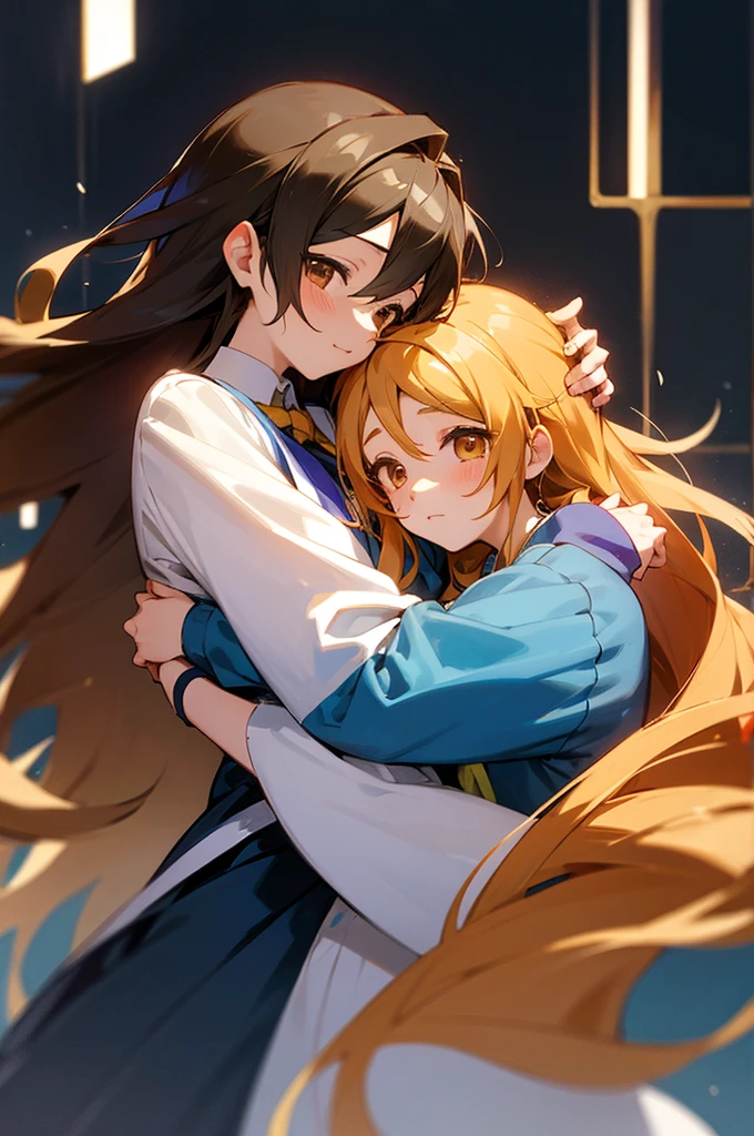 Mayoi Ayase from ensemble stars hugging a cute girl with long caramel hair and brown eyes
