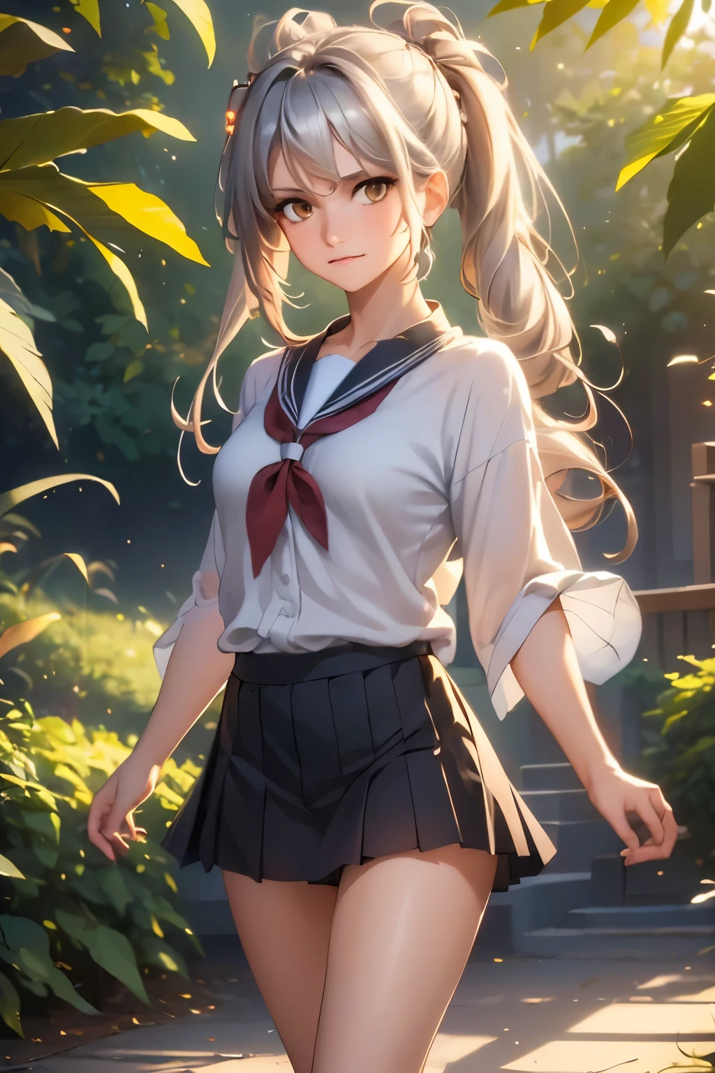 (masutepiece, Best Quality:1.37), High resolution, Ultra-detailed, ultra-sharp, 1girl in, girl on top, (((1girl in:1.37, Solo))), (Beautiful face, Cute face, Detailed face), ( Black hair, poneyTail), (((Detailed beautiful green eyes))), (((rainy))), (((Wet in the rain))), (((High School Uniform))), (((a miniskirt))), a navel, (((Sleeveless))), (((cowboy shot))), a park