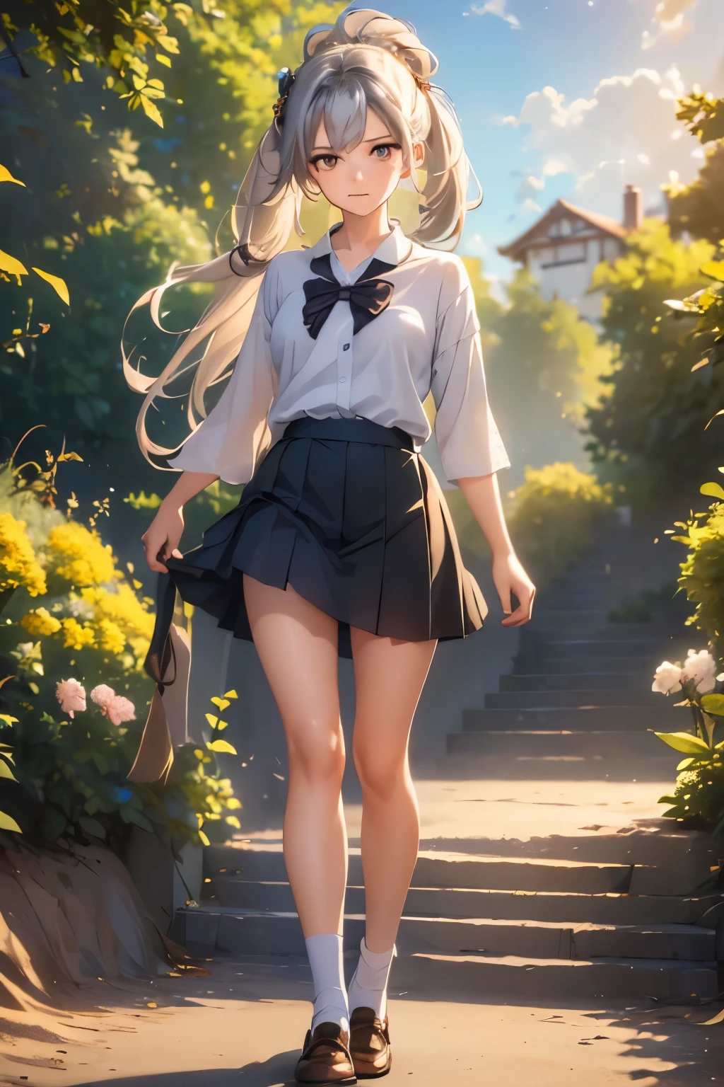 ((masterpiece)), ((best quality)), ((highres)), ((extremely detailed CG unity 8k wallpaper)), solo, tachibana kanade, tan school uniform, black skirt, white socks, outdoors, face, curtained hair, beach, parted hair, silver hair