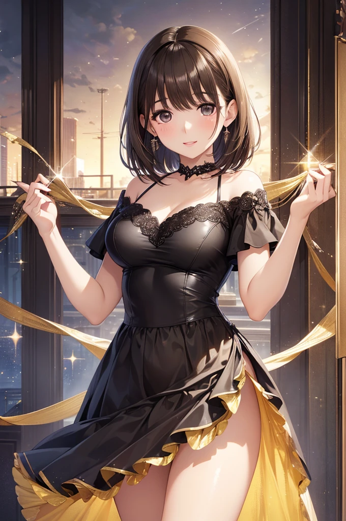(Highest quality, High resolution, masterpiece:1.2),, Beautiful woman, Delicate eyes, Detailed lips, Black evening dress, A single photo, Anime Style、anegasaki nene、Shiny brown hair, short hair, (Beautiful brown eyes)、smile、Sparkling eyes, (Fine grain)、Ultra-detailed eyes、Highly detailed face, Highly detailed eyes,Cowboy Shot、