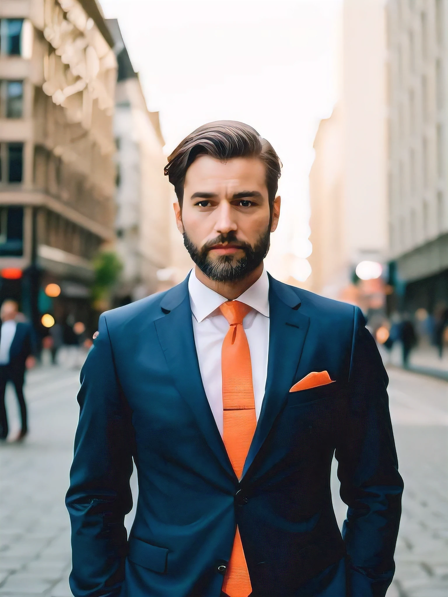 Businessman、Reality、Realistic、Highest quality、Orange tie、Orange Chief、Stylish、Sense of luxury、French、30th Generation、model、Slender face、beard